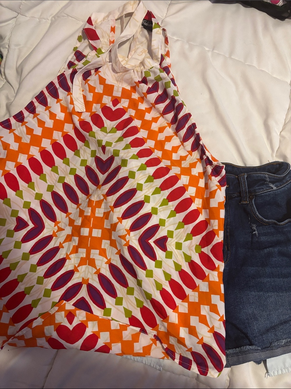 Ladies summer outfit blue jeans shorts and top